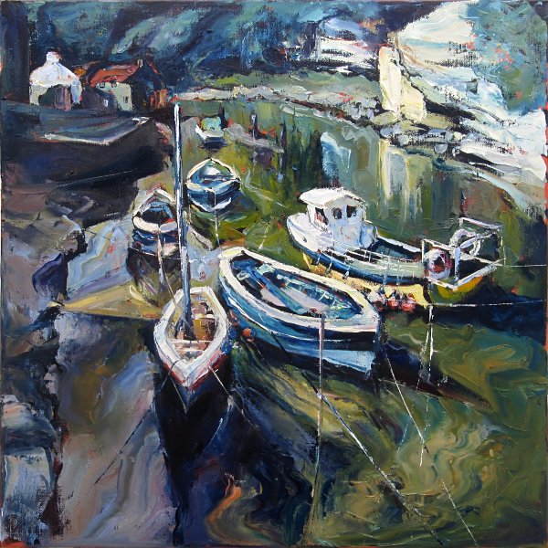 Susan Isaac - Boats on the Beck at Staithes