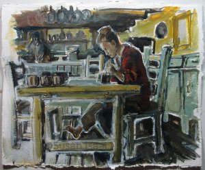 Susan Isaac - Mair carving clay into drinking vessels