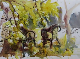 Susan Isaac - Sun through the Orchard (High Farm), Watercolour on paper, 28x38cm, £380 Susan Isaac - Sun through the Orchard (High Farm)